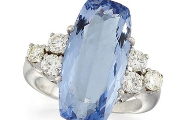 An aquamarine single stone and diamond ring,...