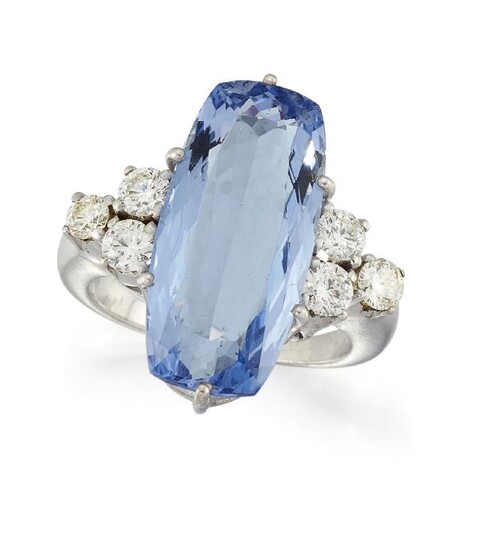 An aquamarine single stone and diamond ring,...