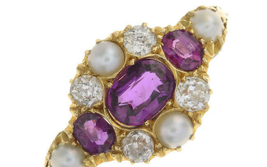 An early 20th century gold ruby, old-cut diamond and split pearl ring.