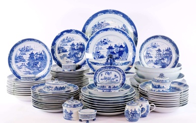 An extensive blue and white dinner service, including tureens and accessories