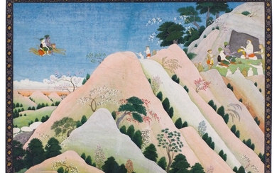 An illustration to a Ramayana series: Sugriva takes Rama and Lakshmana to the mountain cave, North India, Punjab Hills, Kangra, circa 1800