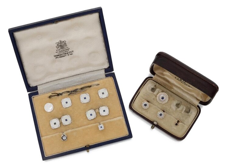 An incomplete set of mother of pearl and sapphire dress studs and cufflinks, case signed Carrington & Co., the part-set comprising: a pair of cufflinks, the square panels with canted corners to single link connections, stamped 9ct, three matching...