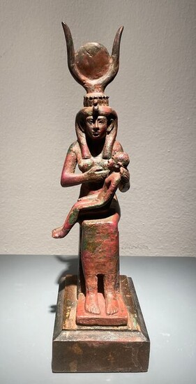 Ancient Egyptian Bronze Big solid Sculpture Goddess Isis with the Horus Child - with a Vulture Head - 19,2 cm H.