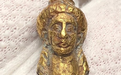 Ancient Greek, Hellenistic Gilded Bronze Exclusive Applique- Female Head probably a Caryatid.