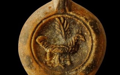 Ancient Roman Ceramic Oil lamp with bird decoration - potter mark L.MADIEC
