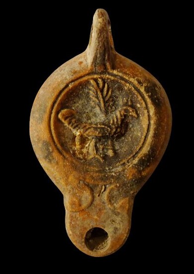 Ancient Roman Ceramic Oil lamp with bird decoration - potter mark L.MADIEC
