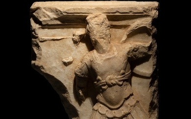 Ancient Roman Marble Fragment of a sarcophagus for a soldier H: 43 cm. Spanish Export License.