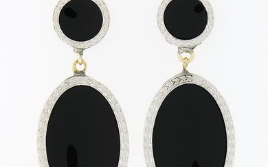 Antique 14k Gold & Platinum Round & Oval Black Onyx Wheat Work Dangle Earrings