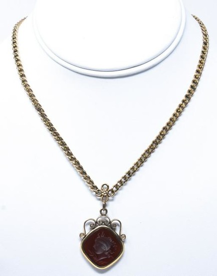 Antique 19th C Carnelian Intaglio Pendant Necklace