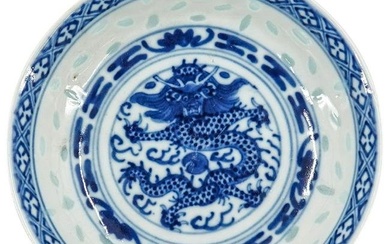Antique Chinese Blue & White Porcelain Rice Pattern Dragon Dish