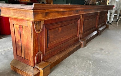 Antique Eighteen Foot Wood Bar With Cooler And Four Stools
