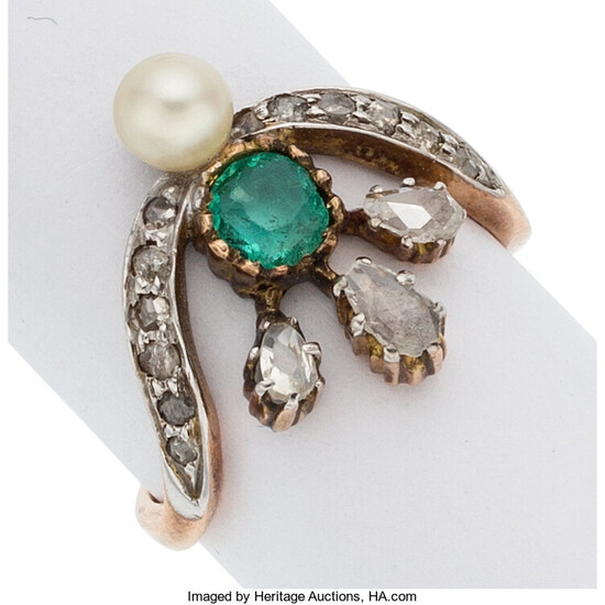 Antique Emerald, Diamond, Cultured Pearl, Rose Gold Ring The...
