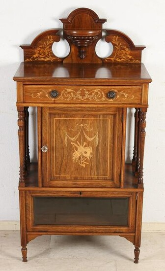 Antique English rosewood music cabinet with intarsia