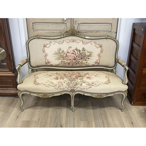 Antique French Louis XV revival sofa, painted frame, with ta...