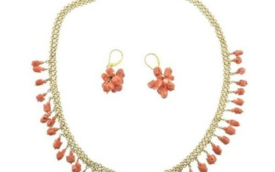 Antique Gold Carved Coral Necklace Earrings Set