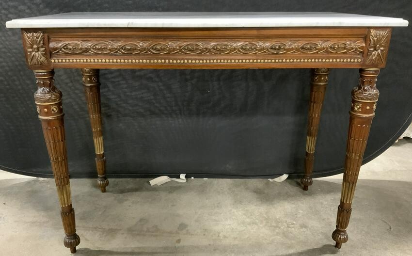Antique Marble Topped Hand Carved Console Table