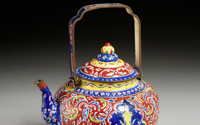 Antique Thai enameled copper tea pot
