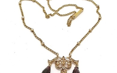 Antique unmarked gold garnet / pearl / diamond set necklet -...