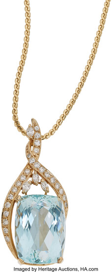 Aquamarine, Diamond, Gold Pendant-Necklace The pendant features a cushion-shaped...