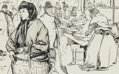 Archibald Standish Hartrick, RWS, OBE, Scottish 1864-1950- 'Vienna - Tschech (sic) servant girl returning from market'; pencil, pen and black ink on paper, signed, inscribed as titled and dated 'A. S. Hartrick / Vienna 1892' (lower right), 19.6 x...