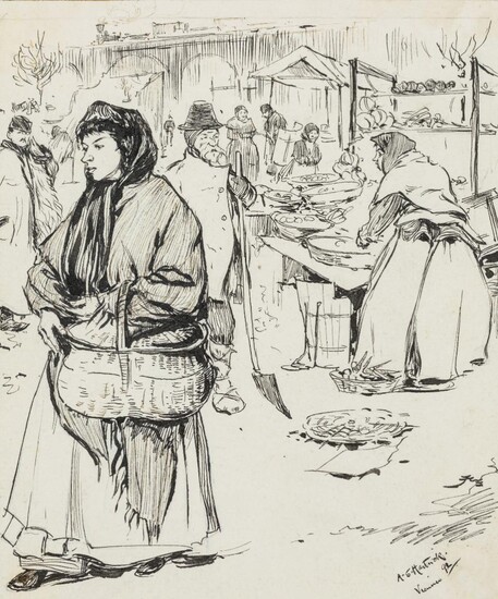 Archibald Standish Hartrick, RWS, OBE, Scottish 1864-1950- 'Vienna - Tschech (sic) servant girl returning from market'; pencil, pen and black ink on paper, signed, inscribed as titled and dated 'A. S. Hartrick / Vienna 1892' (lower right), 19.6 x...