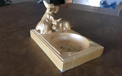 Art Deco Enameled Spelter Metal Terrier Ashtray