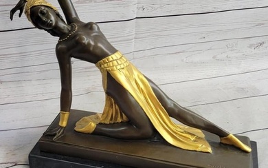Art Deco Inspired Topless Semi Nude Dancer in Gold Gilt Skirt Bronze Sculpture - 15lbs