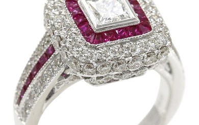 Art Deco Style Ring 18 Karat White Gold Diamonds, Princess Cut and Ruby Ring