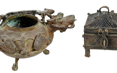 Asian Bronze Dragon Form Teapot and Lidded Box
