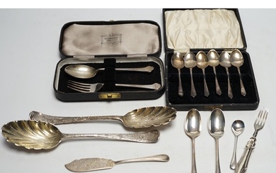 Assorted silver and white metal flatware, including four 18t...