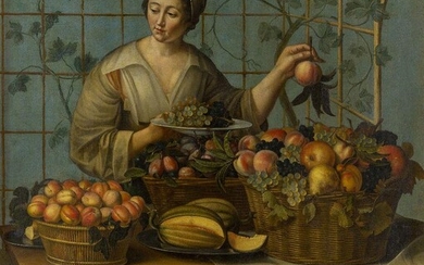 Attributed to Louise Moillon, French c.1610-1696- The Fruit Seller; oil on canvas, bears restorer's monogram and date '1976' (on the reverse of the canvas), 121 x 102 cm., 47½ x 40 in. Provenance: Property from an important Greek shipping family...