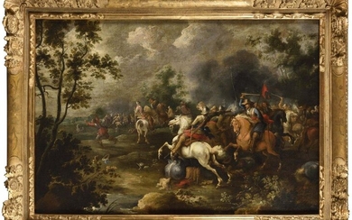 Attributed to Peter MEULENER (1602 - 1654) Cavalry shock Oil on canvas 76,5 x 112,5 cm (Ancient restorations) Beautiful gilded wood carved frame from the 18th century