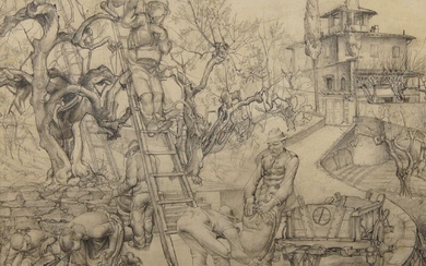 Axel Wallert, Swedish 1890-1962- Harvesting; pencil, signed lower right, 24 x 34.5 cm (ARR)