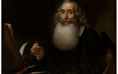 Bartholomeus van der Helst (1613-1670), Portrait of a man at his desk holding pince-nez, three-quarter length (17th century)