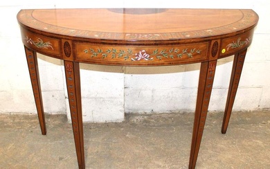 Beautiful Adams style paint decorated Demilune console with exotic wood inlay by Wellington Hall