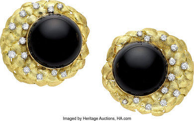 Black Onyx, Diamond, Gold Earrings Stones: Full-cut diamonds weighing...