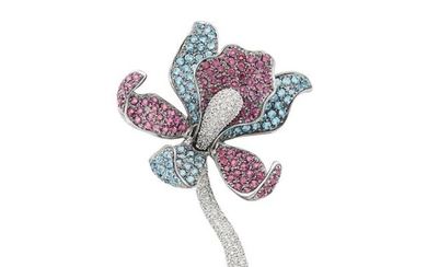 Blackened and White Gold, Garnet, Blue Topaz and Diamond Orchid Brooch