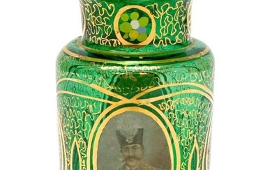 Boheman Green Art Glass Hand Painted Portrait Vase, Gilt Accents circa 1920