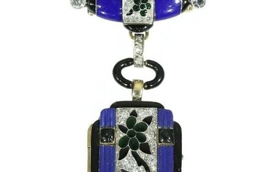 Boucheron - 14 kt. White gold, Yellow gold - Pendant - Diamonds, total diamond weight 1.30 crt, Art Deco anno 1925, blue enamel Lady watch
