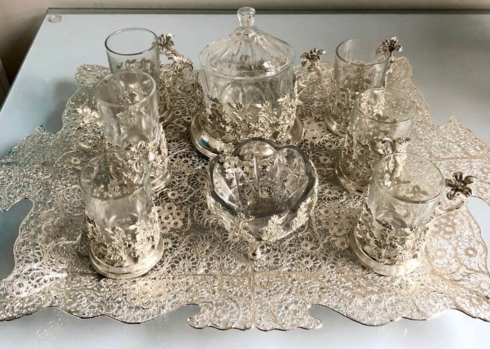 Bowl, Cup, Tray (8) - Silver plated, copper