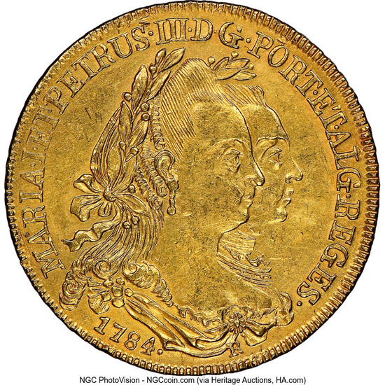 Brazil: , Maria I & Pedro III gold 6400 Reis 1784-R UNC Details (Cleaned) NGC,...