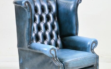 British Blue Leather Wing Back Arm Chair