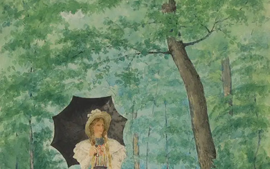 British School, late 19th century- Lady with a parasol in woodland; pencil...