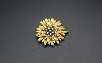 Broche en or jaune en forme de fleur, les pistils sertis de petits diamants ronds brillants. Avec chaînette et épingle.