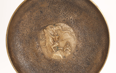 Bronze platter with motif of Hans Christian Andersen's lighthouse, Tinos, Bronze, Denmark, first half of the 20th century.