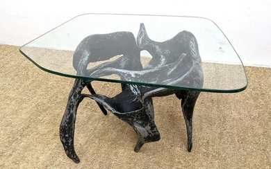 Brutalist Metal Base Glass Top Table. Paul Evans Style.