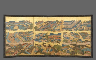 Byōbu folding screen - Gold leaf, Lacquer, Wood, Paper - Japan - Late Edo period (First half 19th century)