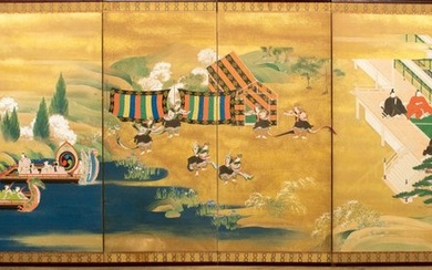 Byōbu folding screen - Lacquer, Paper, Wood, Gold powder - Meiji period (late 19th century) - Japan - Meiji period (late 19th century)