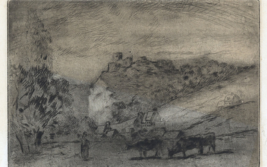 CAMILLE PISSARRO Château de Roche-Guyon. Etching and aquatint printed in light brown and...