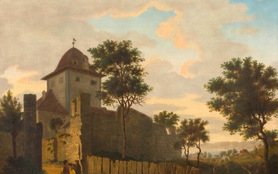 CARL GUSTAV HASENPFLUG(Berlin 1802-1858 Halberstadt)Vue du Möttelischloss près de Rorschach. Circa 1825.Huile sur toile. 50,8...